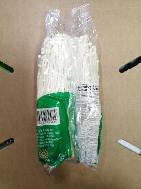 Picture of back label, enoki mushrooms