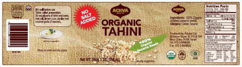 Label – ACHVA, ORGANIC TAHINI, NO SALT ADDED, Net WT 500g 1.1lb (17.6oz)