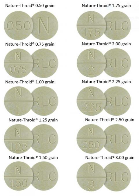 Photo of Nature-Throid pills in 0.50, 0.75, 1.0, 1.25, 1.50, 1.75, 2.00, 2.25, 2.50, 3.00 grain