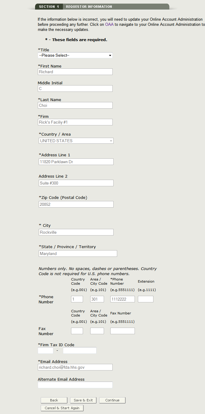 A picture of a filled out section 1 of the application.  The Title and Firm Tax ID code fields are required.  All other required fields have been auto-populated with data from Online Account Administr