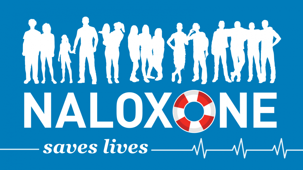 images of a diverse group of people, a life preserver and the words Naloxone saves lives 