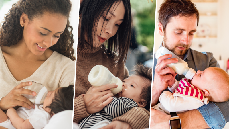 Parents feeding babies bottles of infant formula