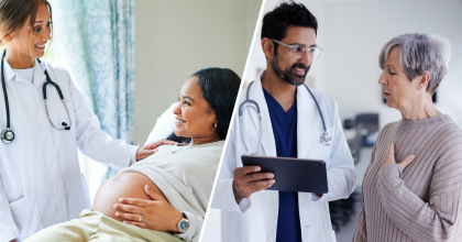 2 photo collage: Left photo of pregnant woman in hospital bed talking with female doctor. Right photo of male doctor talking with senior female patient.