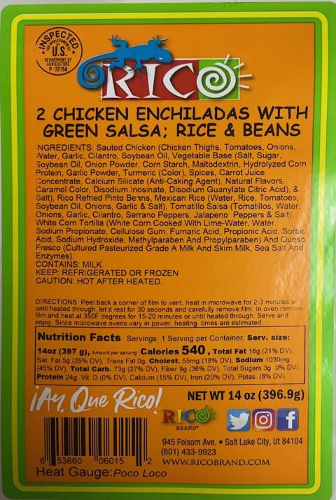 Image 2 – Labeling, Rico Chicken Enchiladas with Green Salsa, Rice and Beans