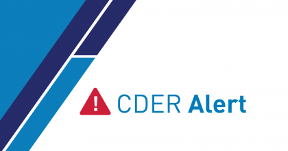 Graphic with white and blue background and a text overlay. Text reads CDER Alert.