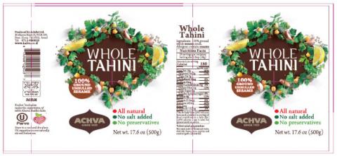 Label – ACHVA, WHOLE TAHINI, Net wt. 17.6oz (500g)