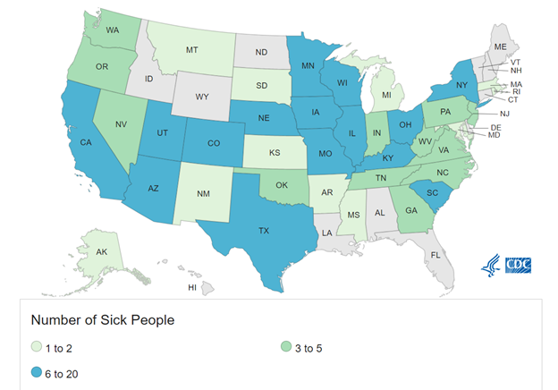 CDC Case Count Map for the Outbreak Investigation of Salmonella Related to Cantaloupes (as of December 15, 2023)