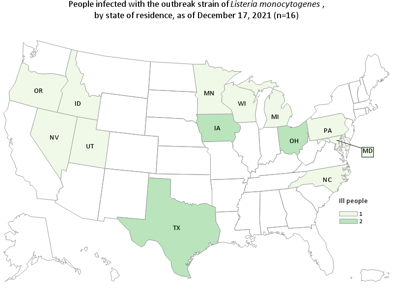 Outbreak Investigation of Listeria monocytogenes from Dole Packaged Salad - CDC Case Count Map (December 22, 2021)
