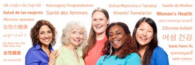 Group of Women Surrounded by Womens Health text in Various Languages 