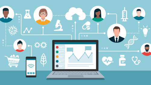 illustration of an open laptop computer, displaying a stylized, undefined graph with lines coming out of the computer connecting to a variety of human faces and icons of food, medical products and scientific research