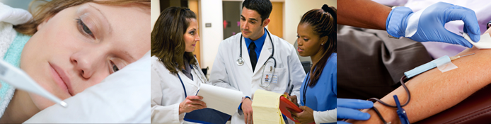 Patient receiving treatment, doctor consutling staff, patient receiving infusion therapy