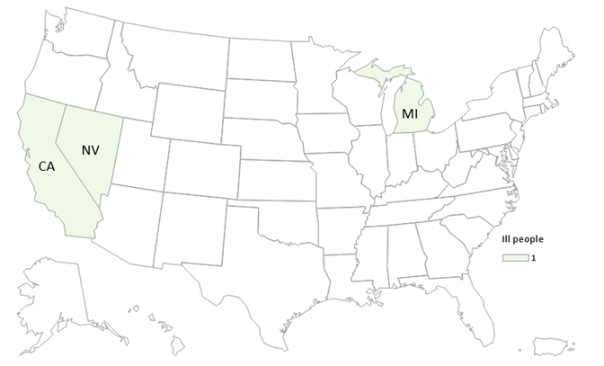 CDC Case Count Map - Enoki Mushrooms - Listeria monocytogenes