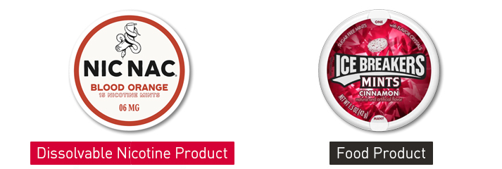Labels of a Nic Nac Dissolvable nicotine product and Ice Breakers food product
