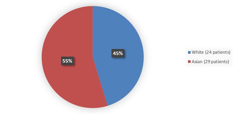 Pie chart summarizing how many White and Asian patients were in the clinical trial. In total, 24 (55%) White patients and 29 (45%) Asian patients participated in the clinical trial.