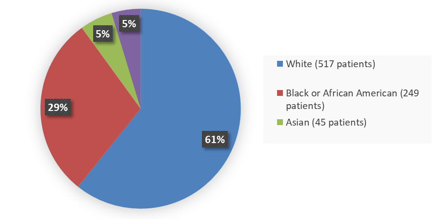Pie chart summarizing how many White, Black or African American, Asian, and other patients were in the clinical trial. In total, 517 (61%) White patients, 249 (29%) Black or African American patients, 45 (5%) Asian patients, and 40 (5%) Other patients participated in the clinical trial.