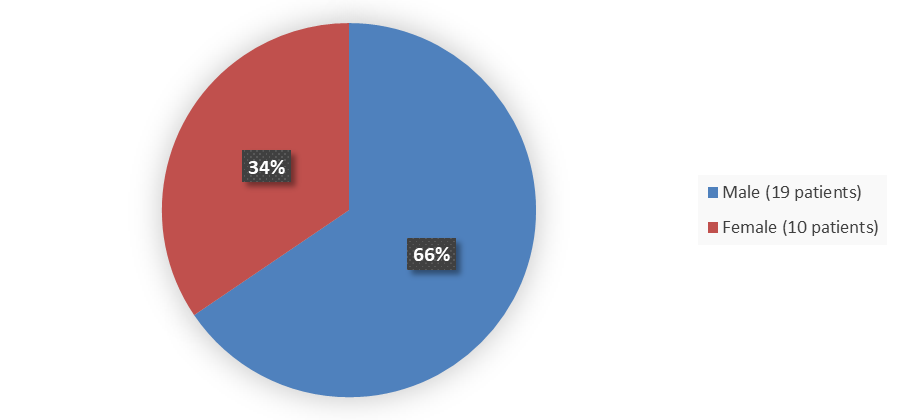 Pie chart summarizing how many male and female patients were in the clinical trial. In total, 19 (66%) male patients and 10 (34%) female patients participated in the clinical trial.