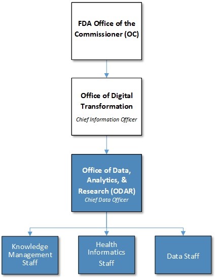 Organizational diagram showing the Knowledge Management Staff, Health Informatics Staff, and Data Staff reporting to the Office of Data, Analytics, and Research (ODAR, led by the Chief Data Officer). ODAR reports to the Office of Digital Transformation (ODT, led by the Chief Information Officer). ODT reports to the FDA Office of the Commissioner. 