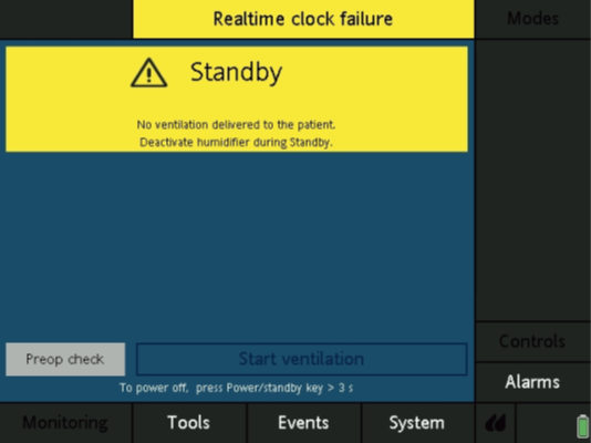 Realtime clock failure screen on the Hamilton ventilator