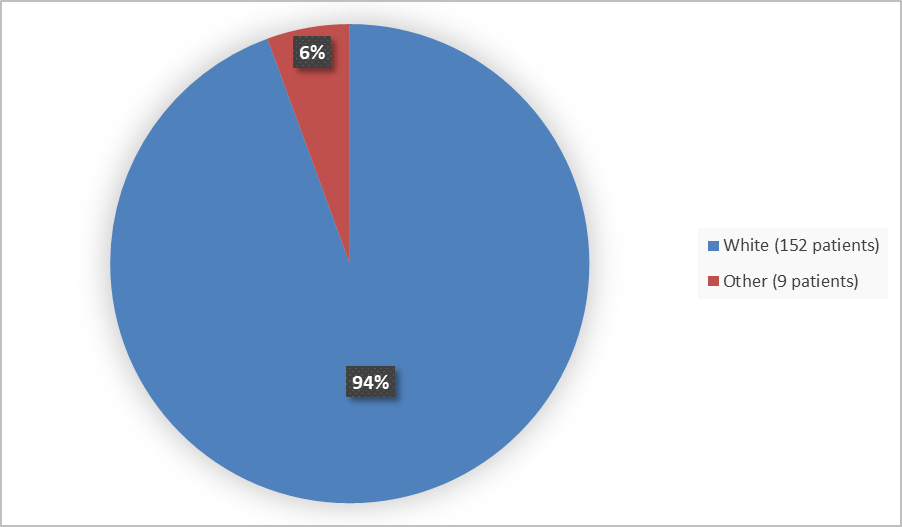 Pie chart summarizing how many White and other patients were in the clinical trial. In total, 152 (94%) White patients and 9 (6%) Other patients participated in the clinical trial.