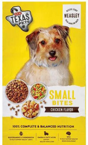 10. “TEXAS PETS Small Bites, Chicken Flavor, dog food”