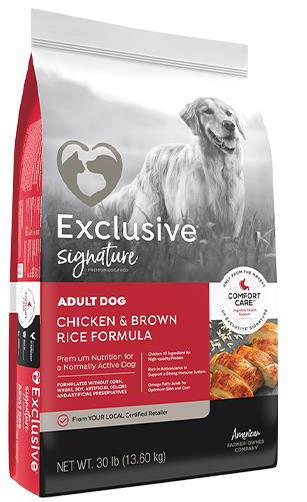 17. “Exclusive, Signature, Chicken & Brown Rice Formula Adult dog food”