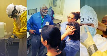 Photo montage of students learning in a mock BSL-4 lab with and without BSL hazmat suits on.