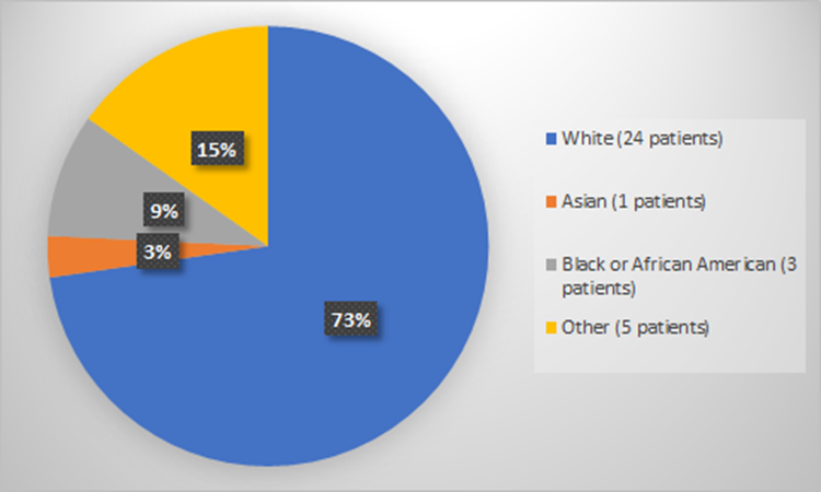 Pie chart summarizing how many White, Black, Asian, and other patients were in the clinical trial.  In total, 24 (73%) white patients, 3(9%) black patients, 1(3%) Asian patients, and 5 (15%) Other patients participated in the clinical trial to evaluate safety.