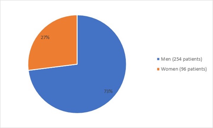 Pie chart summarizing how many male and female patients were enrolled in the clinical trial. In total, 254 (73%) male and 96 (27%) female patients participated in efficacy population of the clinical trial.