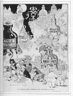 Cartoon with pictures of bottles showing different remedies.