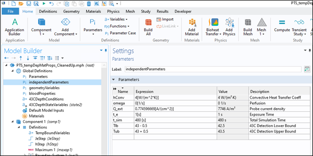 Screenshot of Global Definitions - Independent Parameters