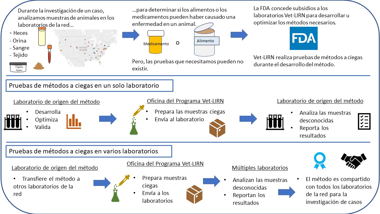 La FDA concede subsidios a los laboratorios de la red Vet-LIRN para desarrollar los métodos necesarios para la investigación de casos. Llevamos a cabo pruebas de métodos a ciegas (BMTs, por sus siglas en inglés) durante el desarrollo del método. Durante una BMT de un solo laboratorio, el laboratorio que origina el método lo desarrolla y lo valida. Nosotros preparamos y enviamos las muestras ciegas al laboratorio para su análisis. El laboratorio reporta los resultados y transfiere el método a otros laborator