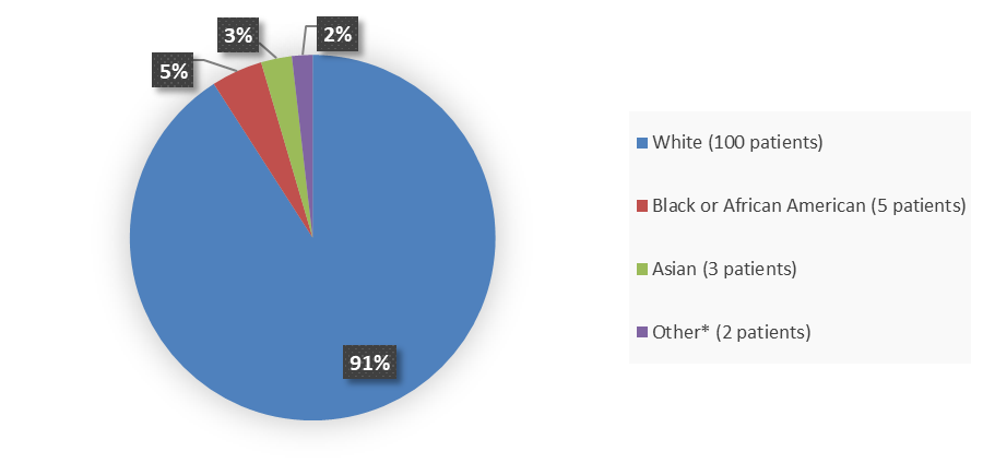 Pie chart summarizing how many White, Black or African American, Asian, and other patients were in the clinical trial. In total, 100 (91%) White patients, 5 (5%) Black or African American patients, 3 (3%) Asian patients, and 2 (2%) Other patients participated in the clinical trial.