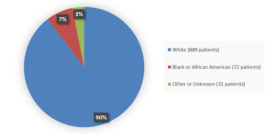 Pie chart summarizing how many White, Black or African American, and other or unknown patients were in the clinical trial. In total, 889 (90%) White patients, 72 (7%) Black or African American patients, and 31 (3%) other or unknown patients participated in the clinical trial.