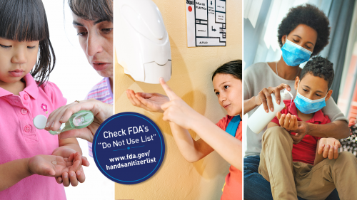 2 photos of adults applying hand sanitizer to young children, and one older child applying hand sanitizer to herself while in school