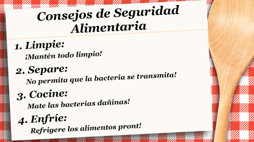 Consejos de Seguridad Alimentaria 1. Limpie: ¡Mantén todo limpio! 2. Separe: No permita que la bacteria se transmita! 3. Cocine: Mate las bacterias dañinas! 4. Enfríe:  Refrigere los alimentos pront!