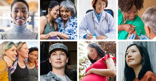 8 photos of 12 women of various ages, ethnicities and occupations.
