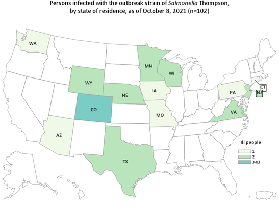 Outbreak Investigation of Salmonella Thompson – Seafood - CDC Case Count Map (October 8, 2021)