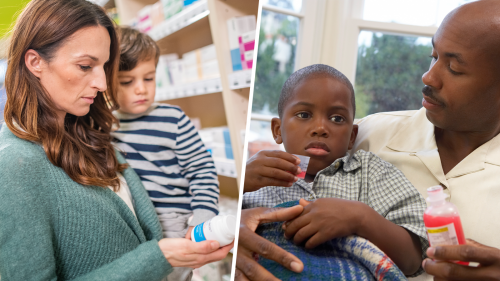 Image of a mother holding her child, while reading a medicine label on the left. A father holding his child, while the child is holding a measuring cup with medicine on the right.