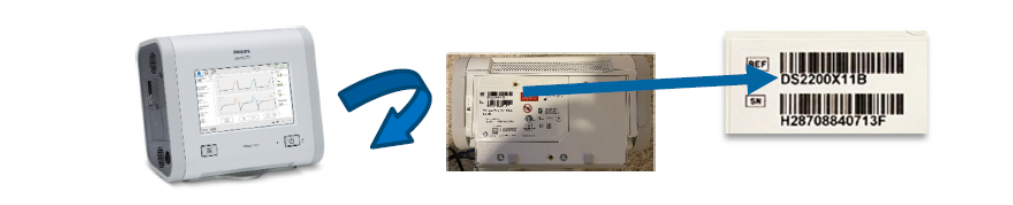 Showing location of part number on the bottom of the Trilogy Evo, Evo O2, EV300, and Evo Universal Ventilators