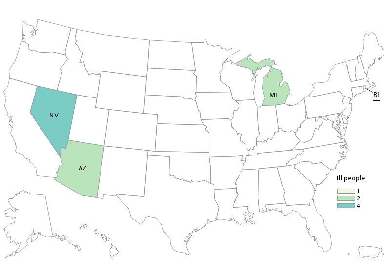 Outbreak Investigation of Salmonella Weltevreden in Shrimp - CDC Case Count Map - August 11, 2021