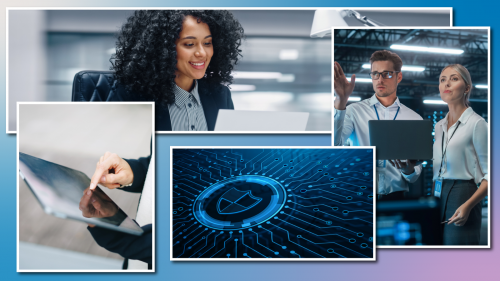 Photo collage: Top left, woman working on laptop in office. Lower left, woman working on tablet outside. Top right, man and woman working on laptop in data center. Lower right, digital graphic representing data security.