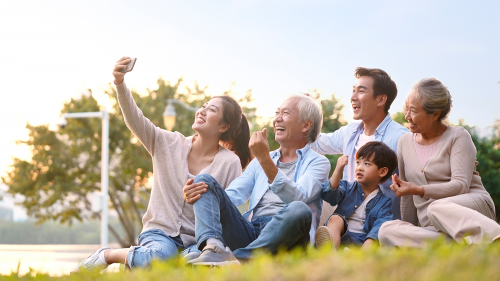 Multigenerational family taking a picture at the park