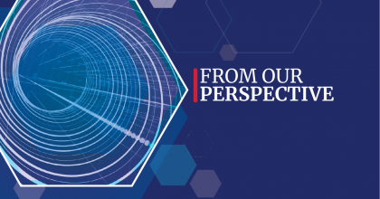 Dark blue graphic with text overlay that reads "From Our Perspective" on the right of the graphic. On the left is an image of a vortex.
