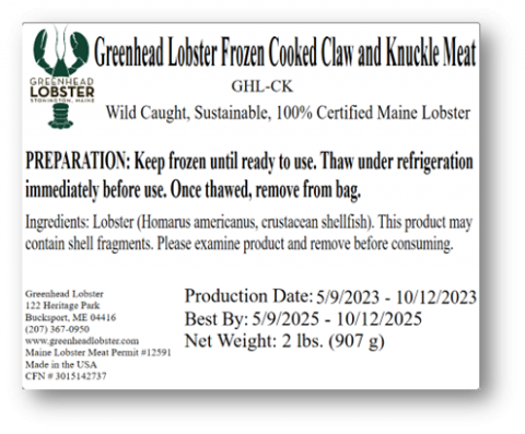 Label for Greenhead Lobster Fresh Cooked Claw and Knuckle Meat, Frozen
