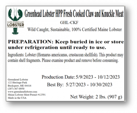 Label for Greenhead Lobster HPP Fresh Cooked Claw and Knuckle Meat, Refrigerated 