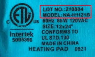 Example indicating location of lot number and model number, next to Intertek logo and above electrical specifications and size.