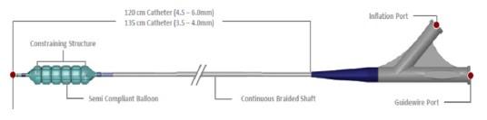Chocolate Touch Paclitaxel Coated PTA Balloon Catheter labeled diagram including semi compliant balloon, continuous braided shaft, inflation and guidewire ports