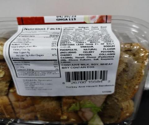 Image 2 - Turkey and Havarti Sandwich, nutrition label and UPC