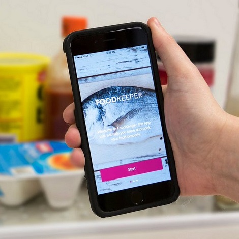 Person looking at Foodkeeper app on mobile phone in front of open refrigerator