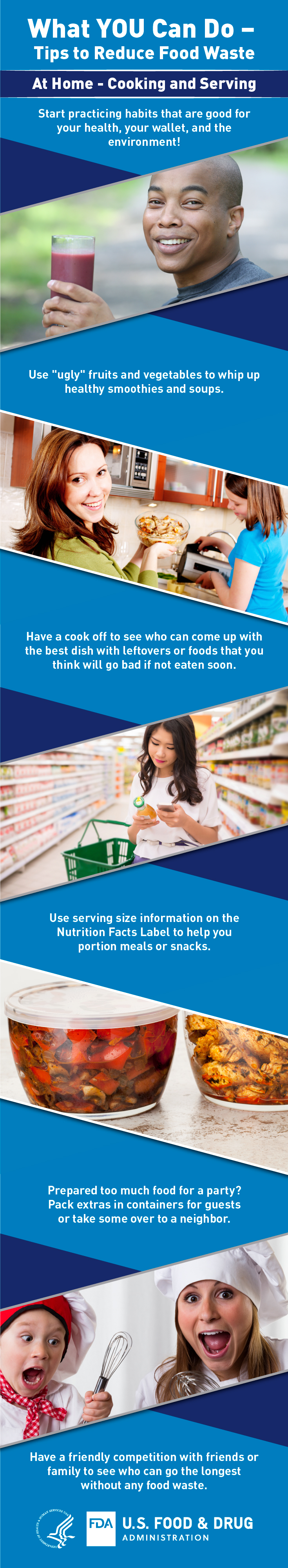 Man drinking smoothie, woman preparing dinner, young woman looking at food package in grocery store, and leftover food in small storage containers